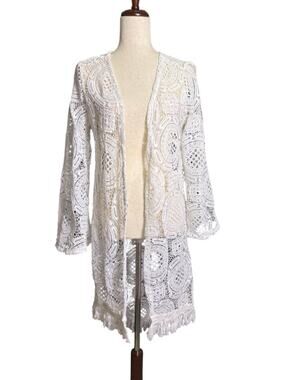 Retro Threads White Crochet Open-Front Duster Kimono Size Medium 1390